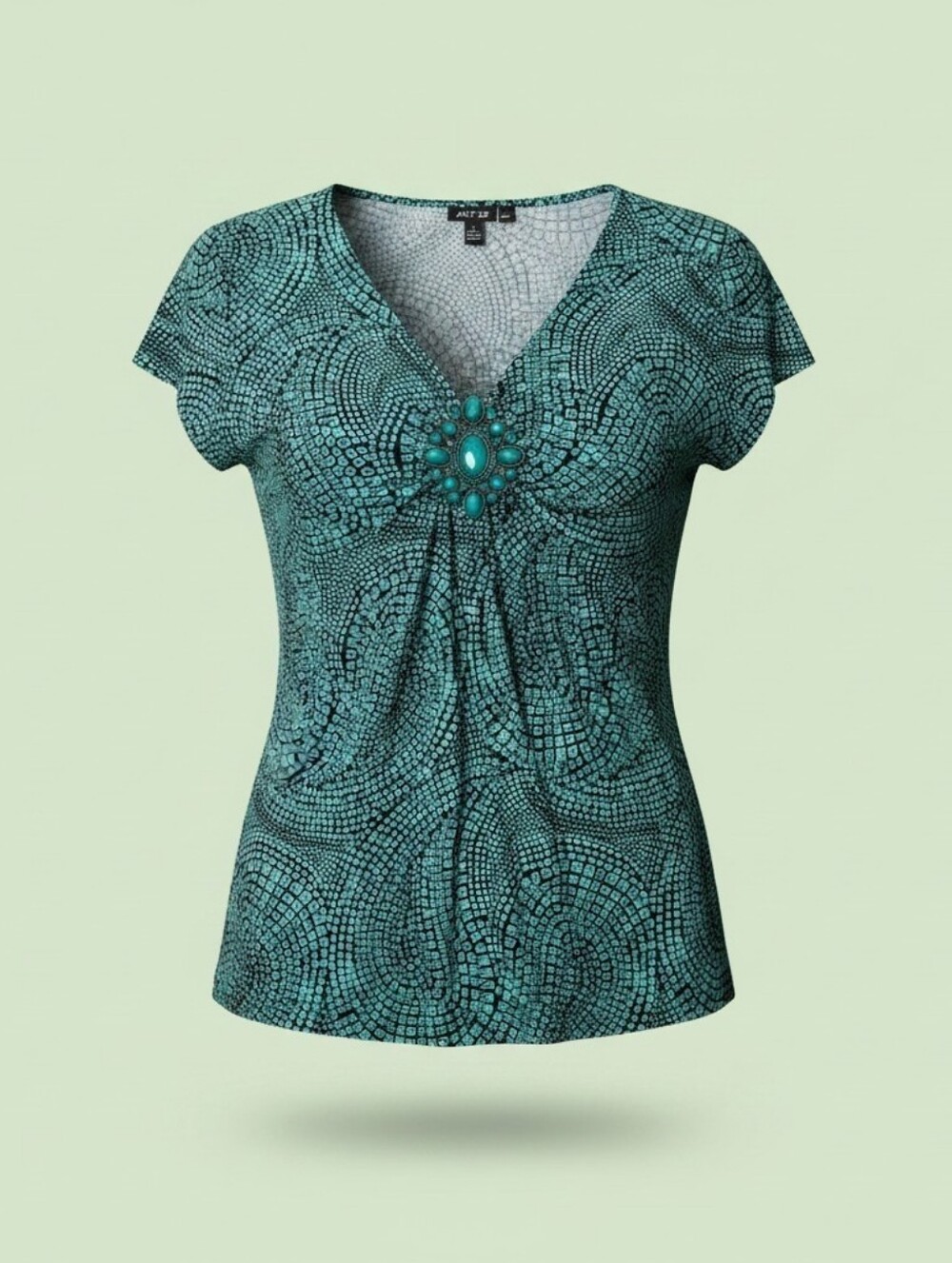 Women’s Teal APT. 9 Mosaic Print V‑Neck Top with Turquoise Jewel Medallion